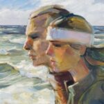 Werk uit de expositie van Dora Devilee en Kees Putman: twee profielen van jonge mensen bij een woelige zee