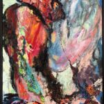 Werk uit de expositie van Dora Devilee en Kees Putman: abstract schilderij in rood, roze en zwart met dikke verfstreken