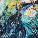 Werk uit de expositie van Dora Devilee en Kees Putman: expressief schilderij in blauw, groen en geel