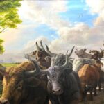 Werk uit de expositie van Dora Devilee en Kees Putman: kudde runderen met grote hoorns onder een wolkenlucht